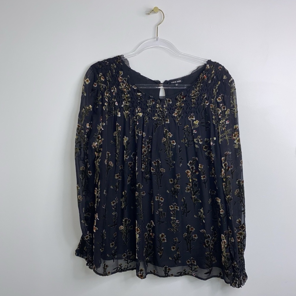 Love Sam Women's M Burnout Velvet Black Floral Blouse Top Sheer Whimsical Fairy